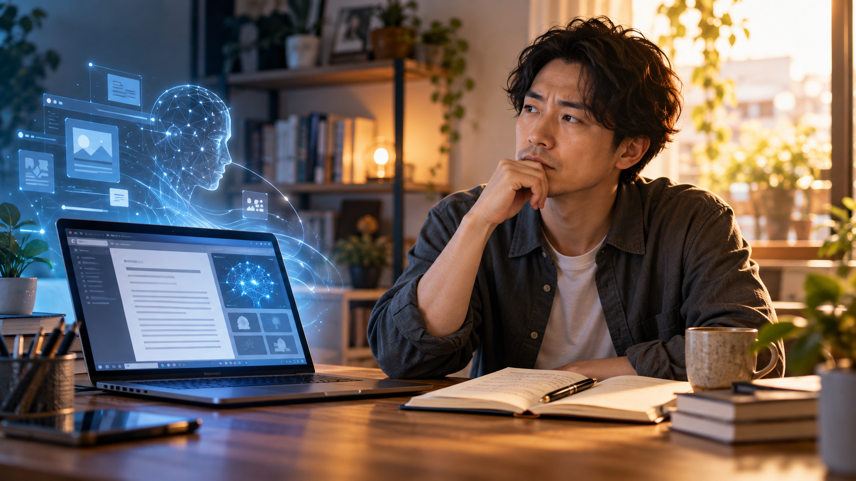 AIで記事を作成する日々を振り返り、自分の言葉で書く意味を考える男性