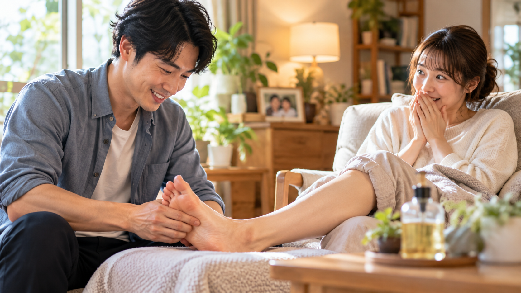 女性の足をやさしくフットマッサージする男性と驚いた表情で見つめる女性