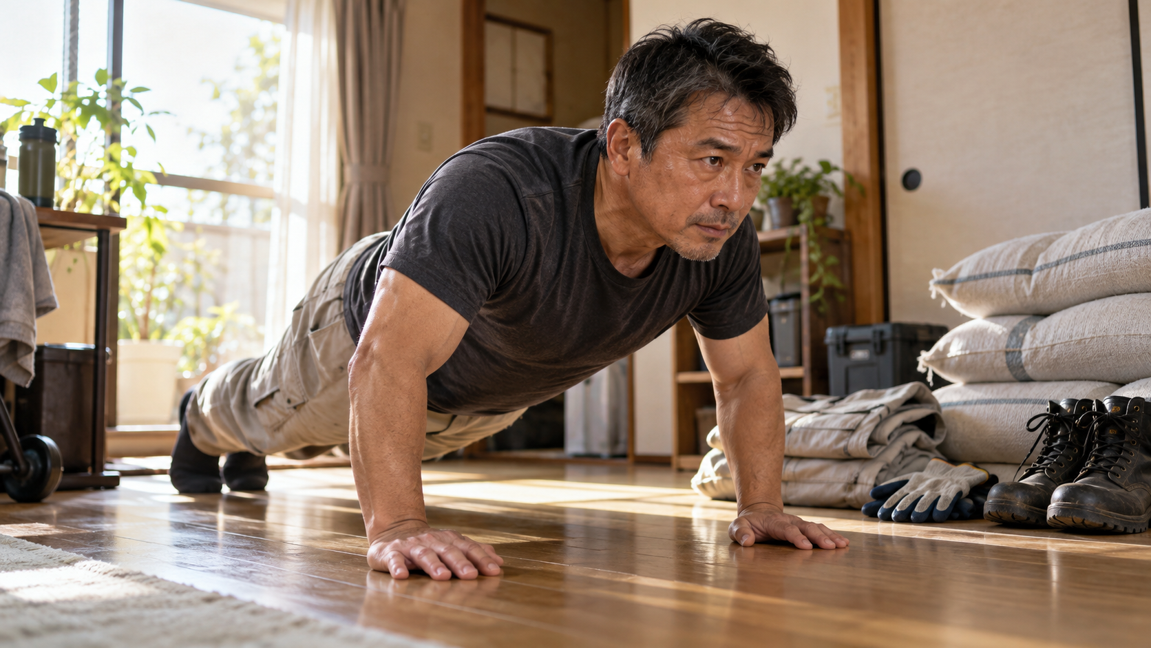 肉体労働に備えて、自宅で正しい姿勢を意識しながら腕立て伏せをする男性