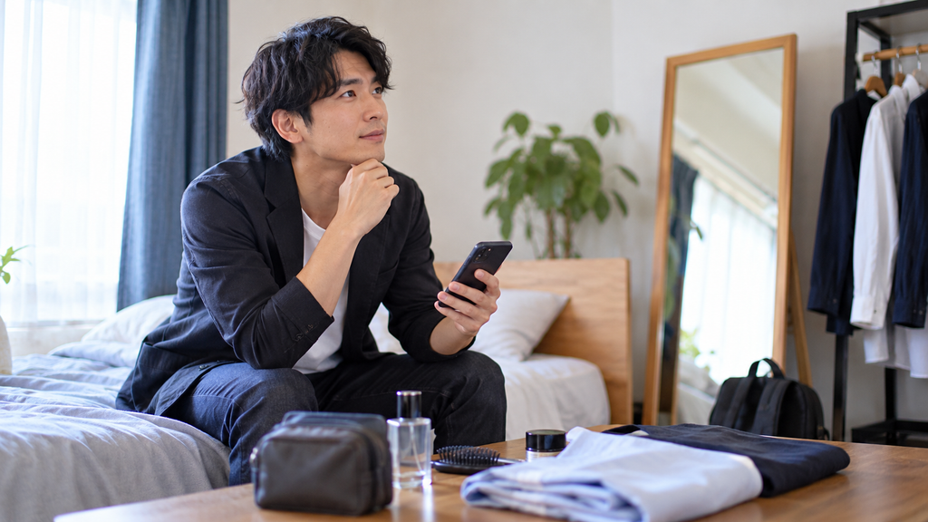 出会いに向けて身だしなみを整えながら、スマホで次の行動を考える男性