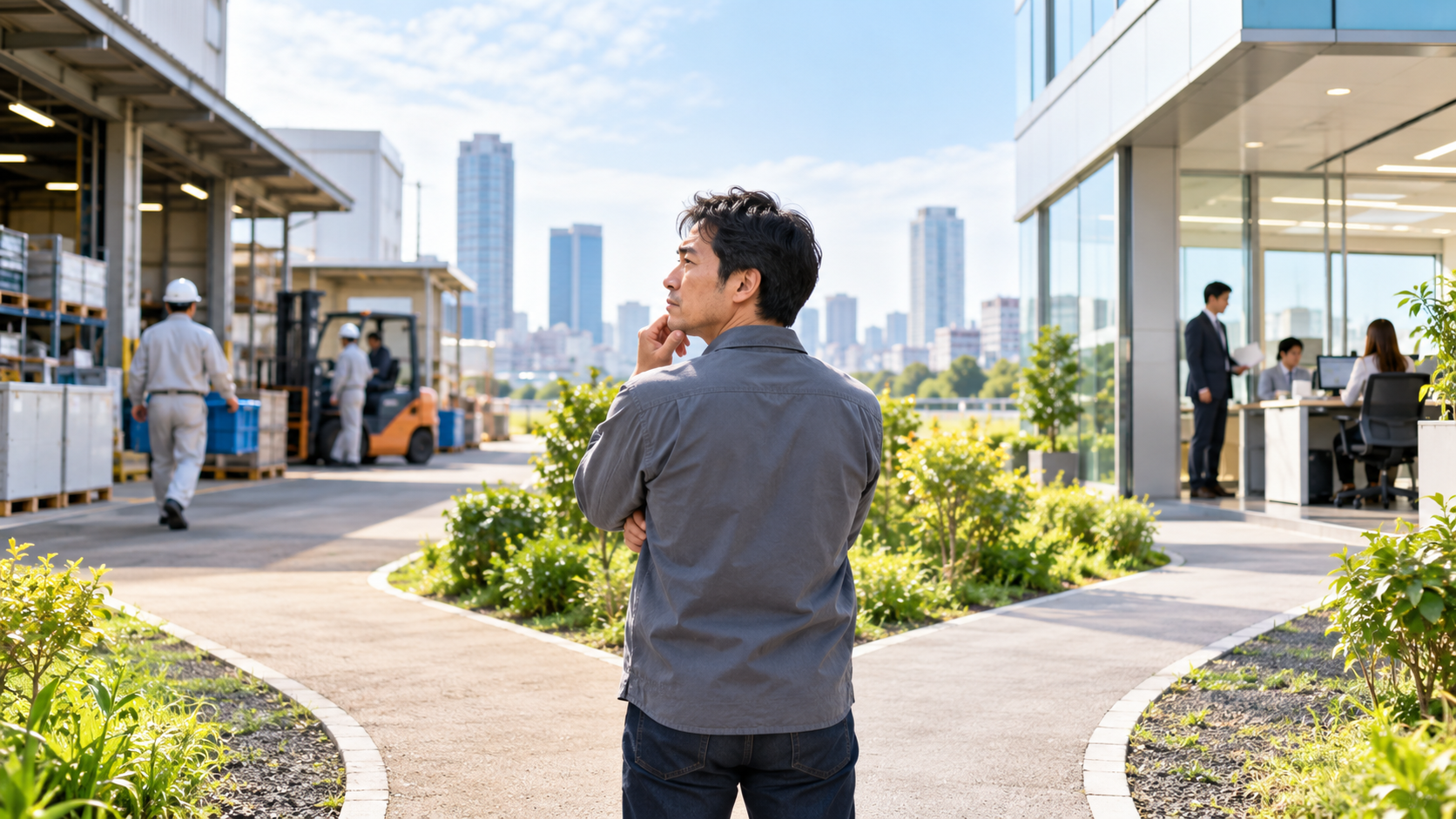 派遣社員として働く男性が、作業現場で仕事をしながら正社員との働き方の違いについて考えているイメージ