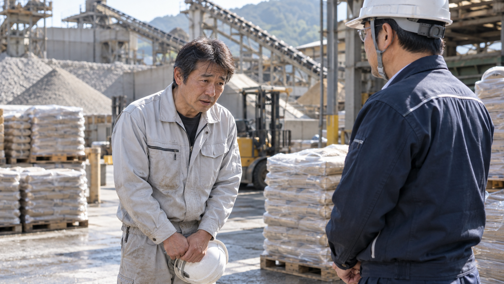 砂製造の職場で、苦手な作業について管理者にできないと相談する派遣社員