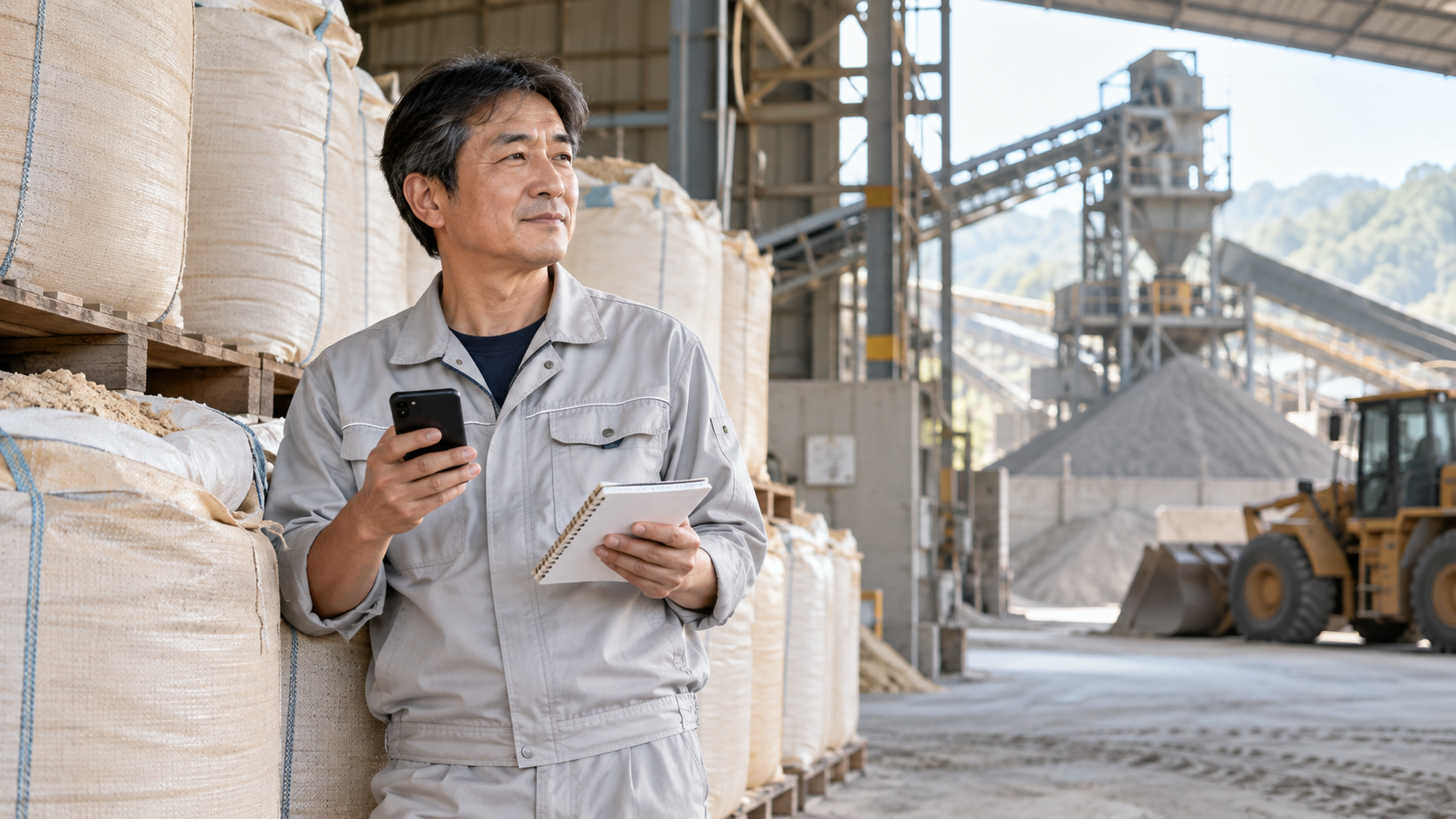 砂製造の派遣先でスマホとメモ帳を手に、仕事の記録や連絡を確認する男性