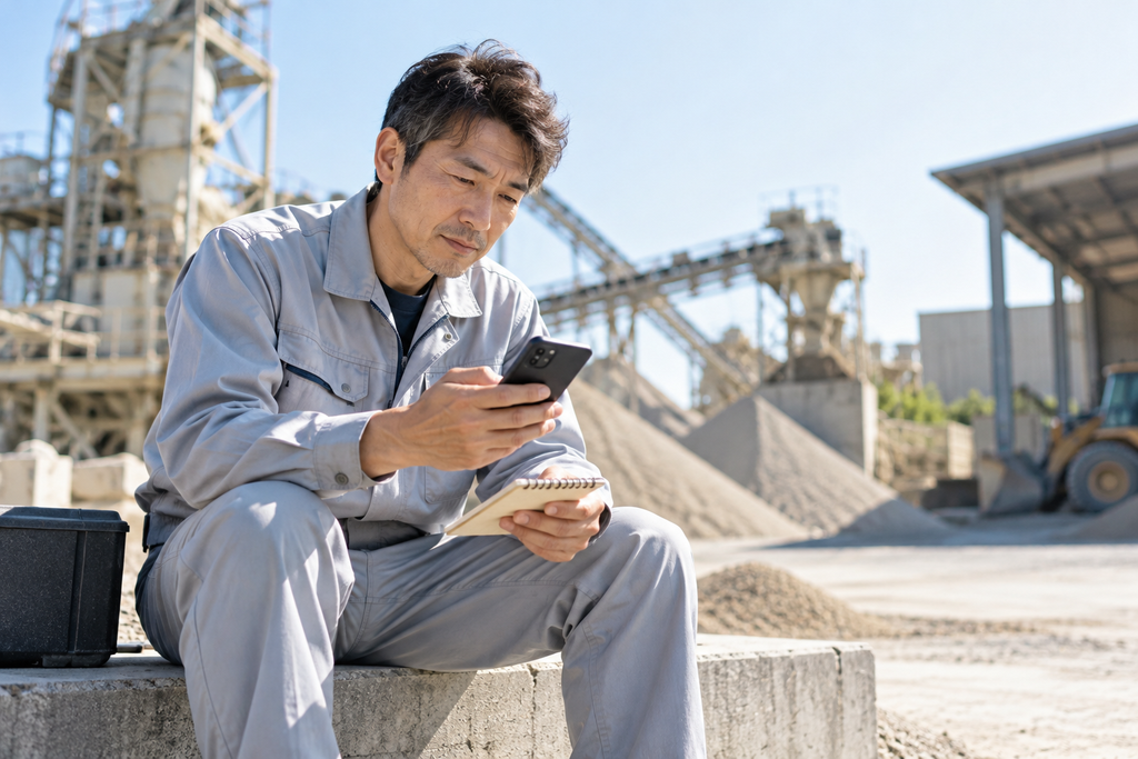 砂製造の派遣先で、スマホとメモ帳を使いながら仕事の記録や連絡内容を確認する男性