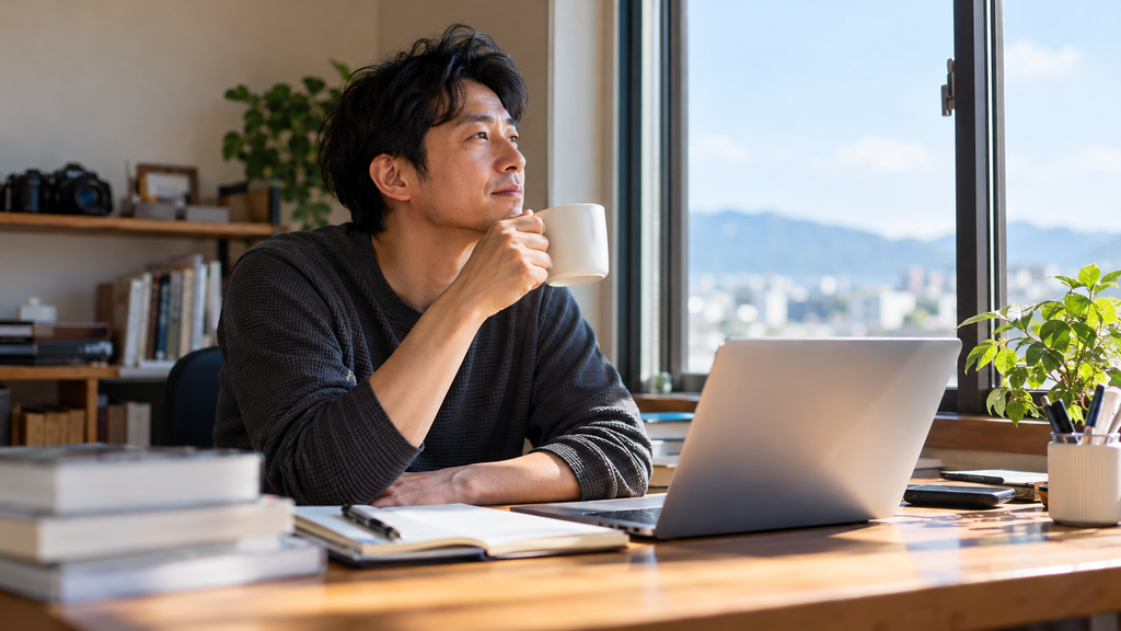 情報発信について考えながら、パソコンとノートを前に自宅で過ごす男性