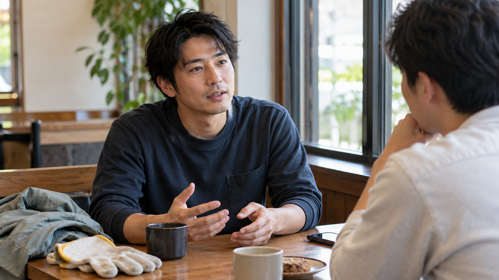 派遣社員として働く男性が、知人に派遣の仕事内容や働き方について説明している様子