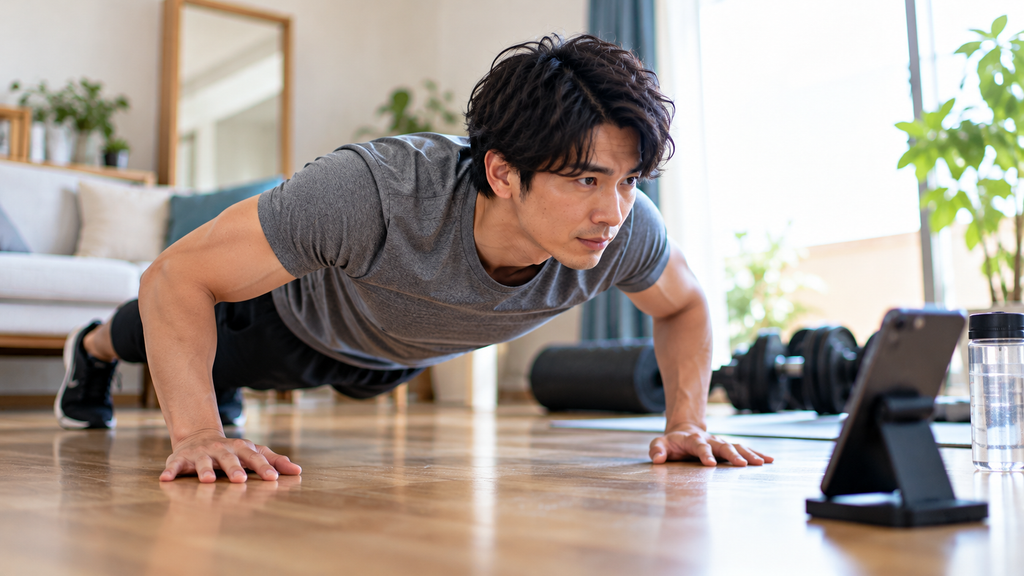 自宅でスマホを参考にしながら、正しいフォームを意識して腕立て伏せをする男性
