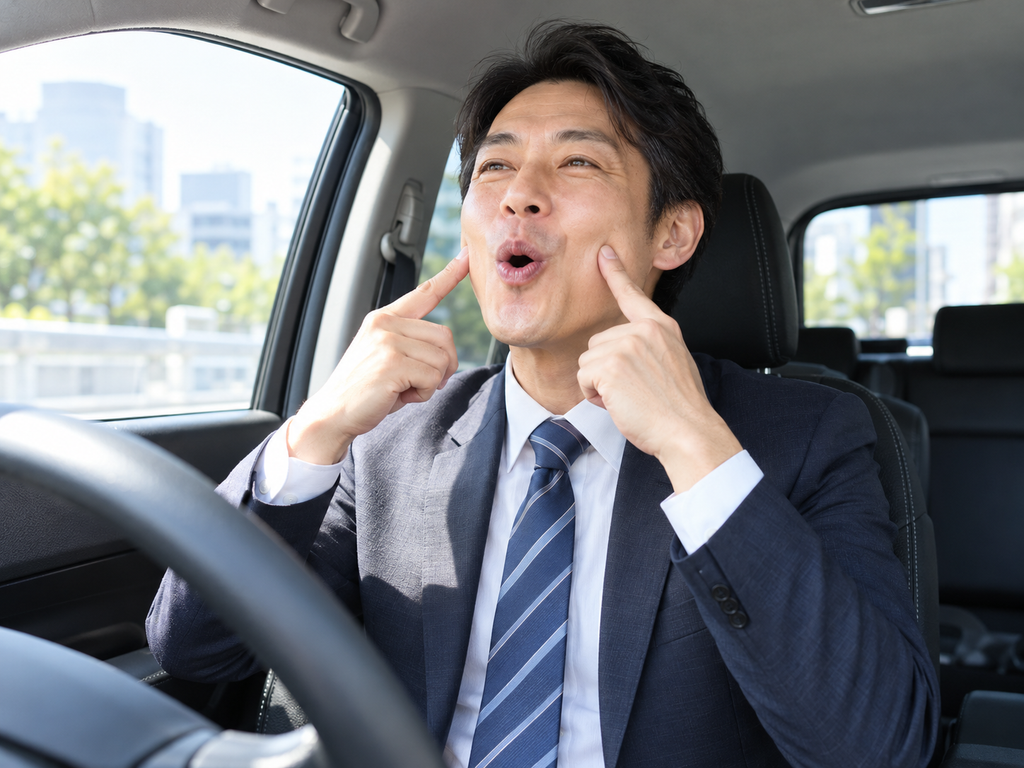 車内で表情筋トレーニングを行い、頬を指で意識しながら口を大きく動かす男性。