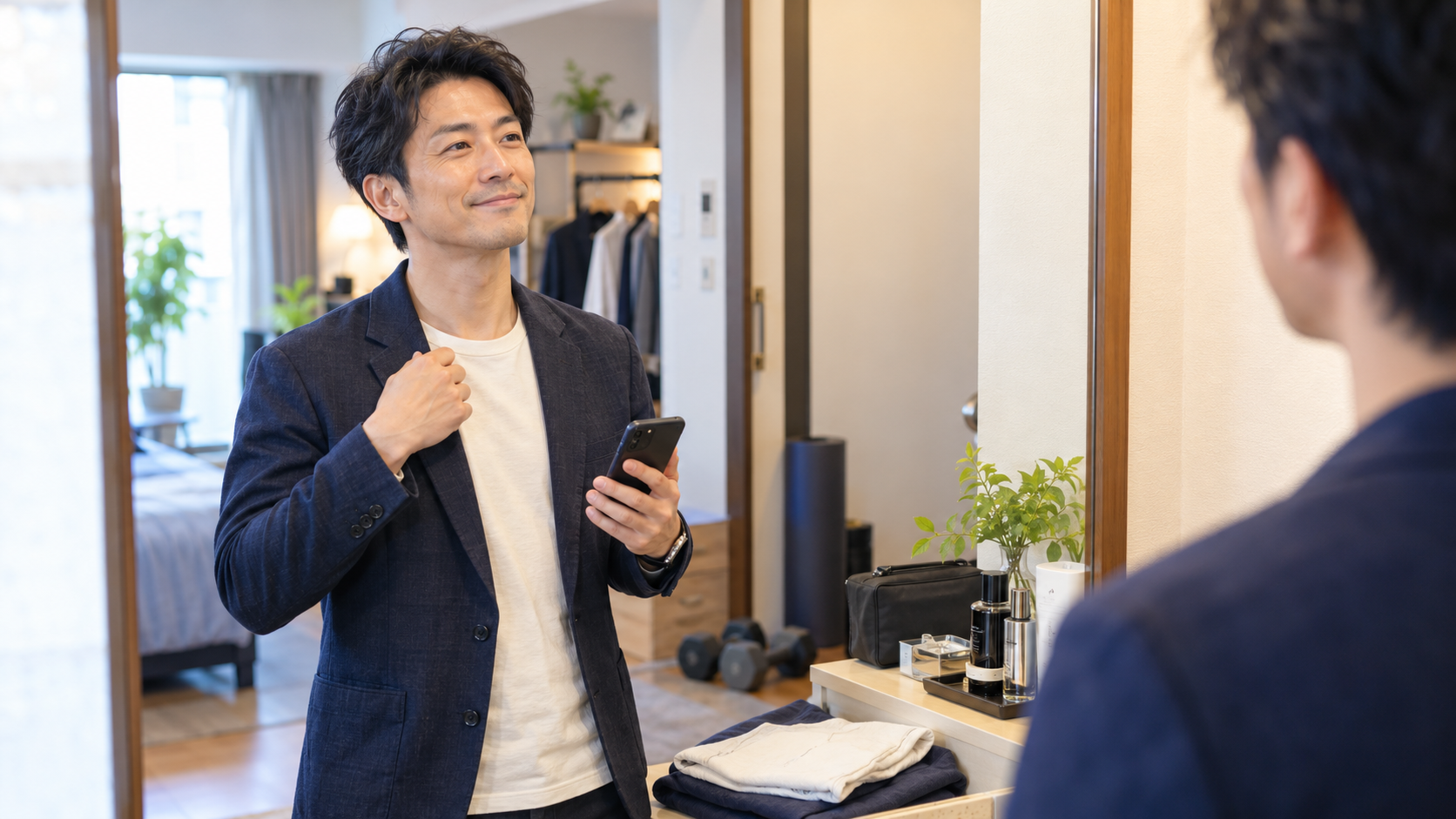 出会いに向けて身だしなみを整え、スマホを手に外出の準備をする男性