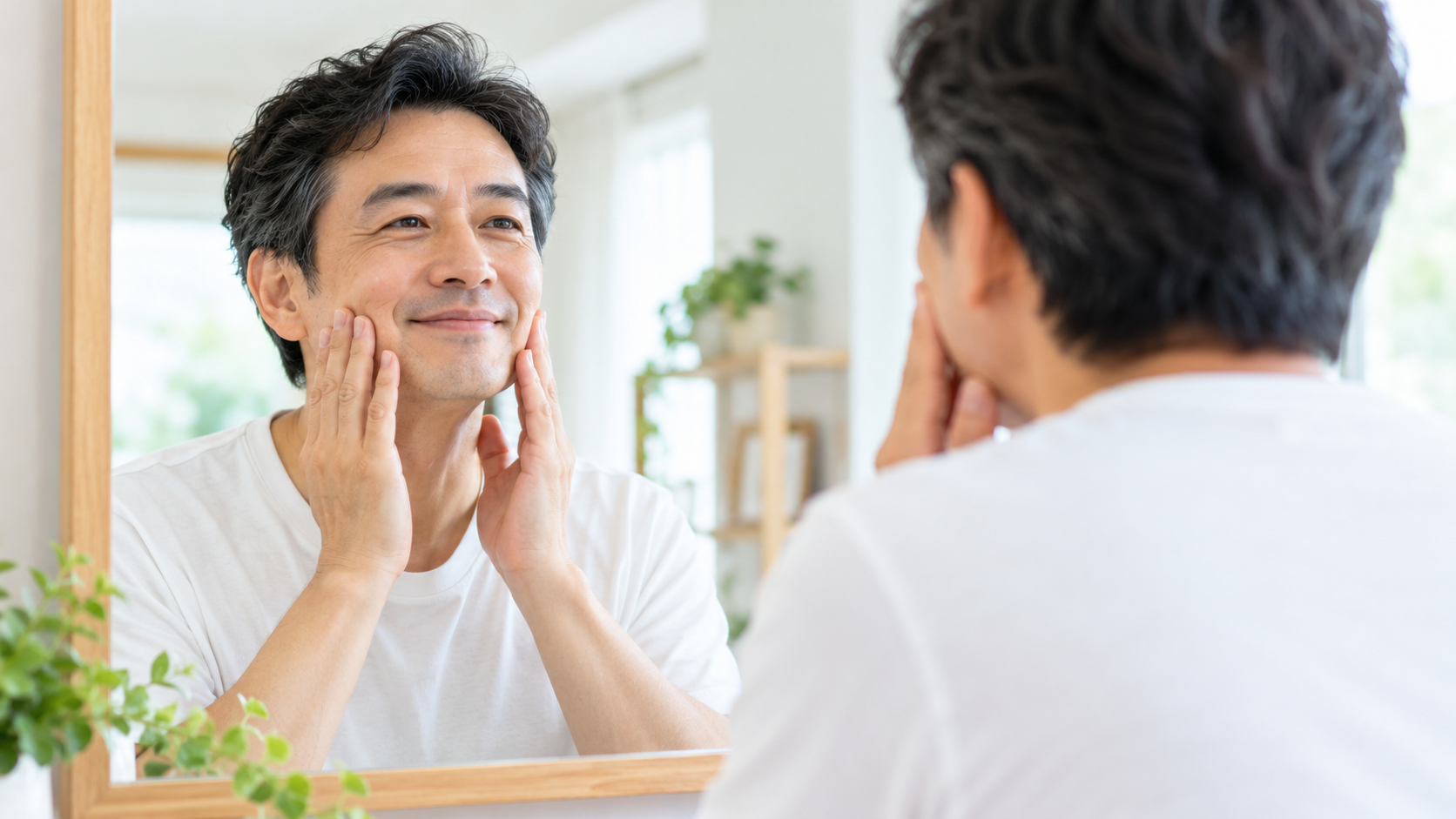 表情筋トレーニングをする男性。通勤前に口角を上げ、明るい表情で顔の筋肉をほぐしている様子。